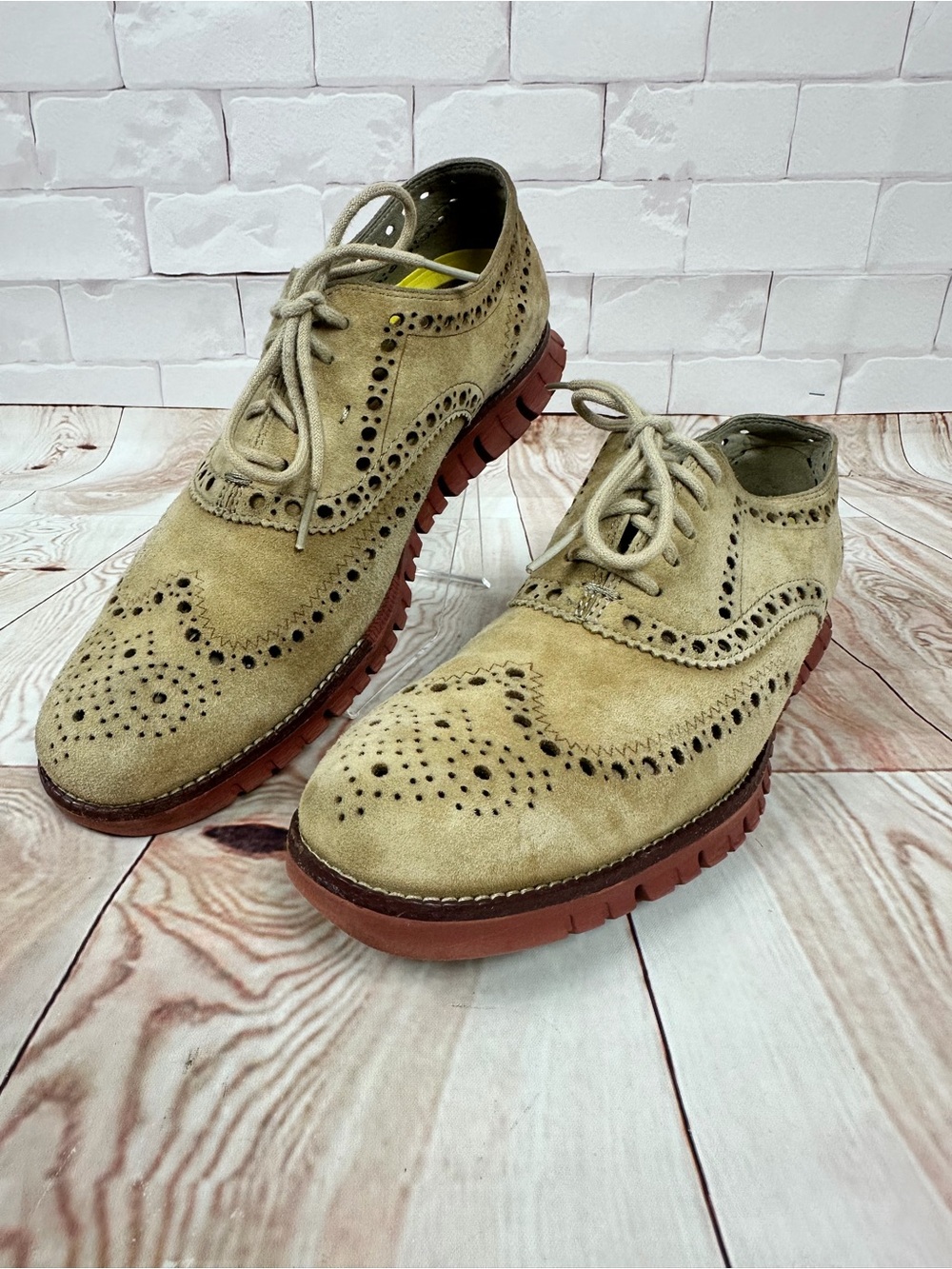 Cole Haan Tan Suede Wingtip Oxfords with Brown-Red Lug Sole